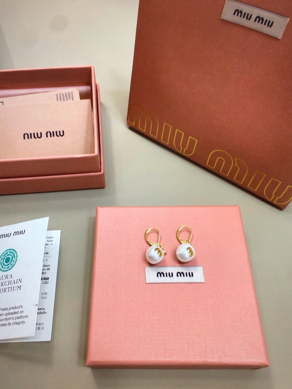 Miu Miu Gold Hoop Earrings with White Pearl Drops